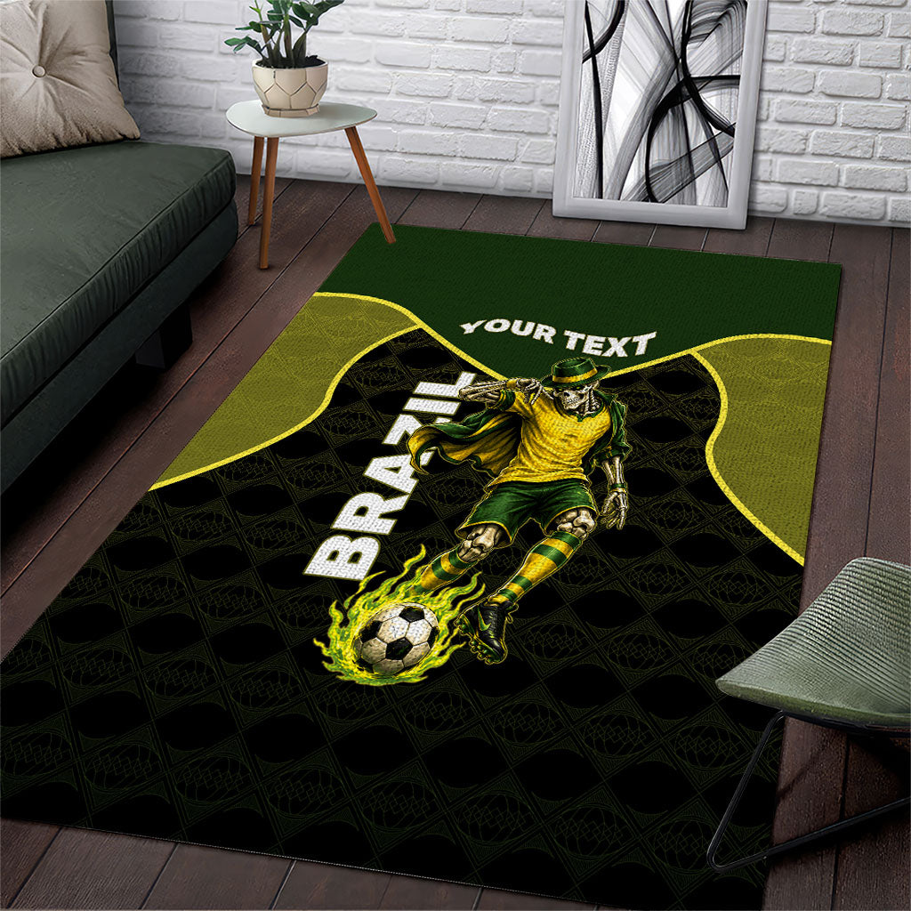Personalized Brazil Football Area Rug Gothic Skull Skeleton Mascot Flaming Soccer Ball