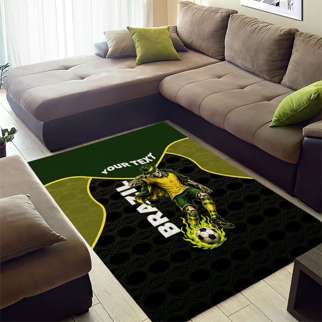 Personalized Brazil Football Area Rug Gothic Skull Skeleton Mascot Flaming Soccer Ball
