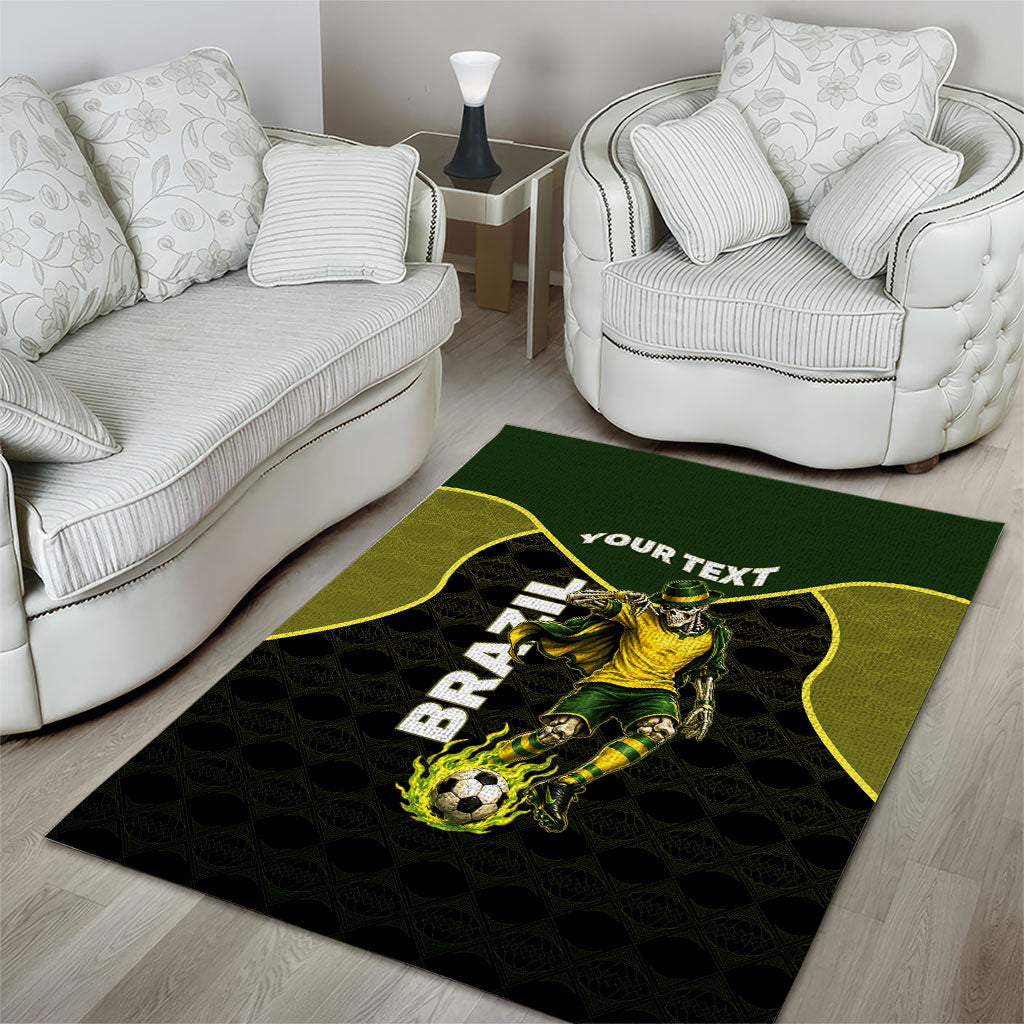 Personalized Brazil Football Area Rug Gothic Skull Skeleton Mascot Flaming Soccer Ball
