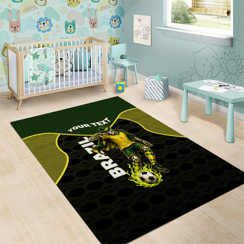Personalized Brazil Football Area Rug Gothic Skull Skeleton Mascot Flaming Soccer Ball