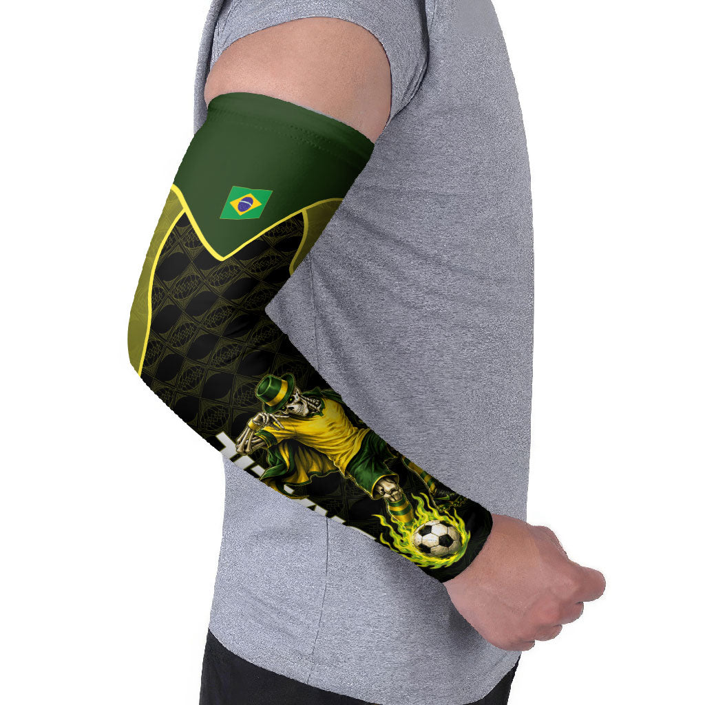 Personalized Brazil Football Arm Sleeves Gothic Skull Skeleton Mascot Flaming Soccer Ball