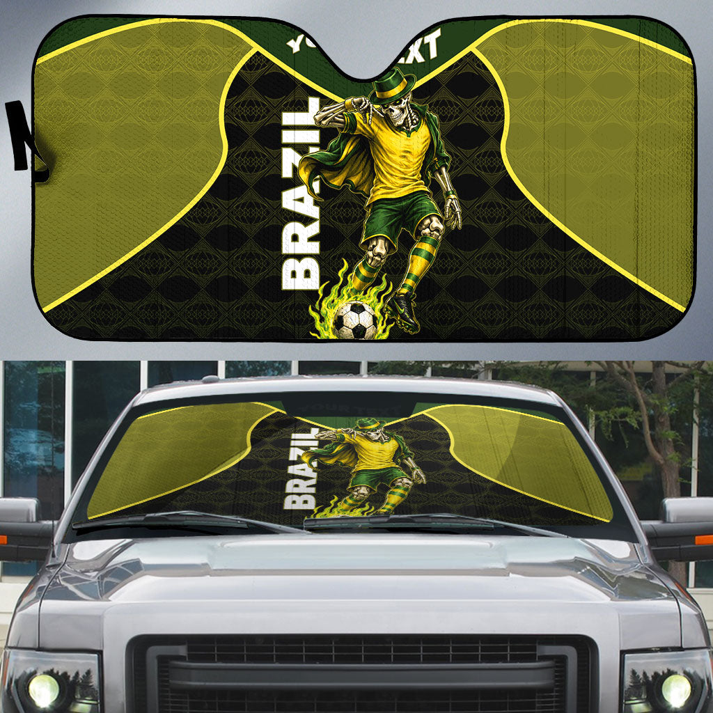 Personalized Brazil Football Auto Sun Shade Gothic Skull Skeleton Mascot Flaming Soccer Ball