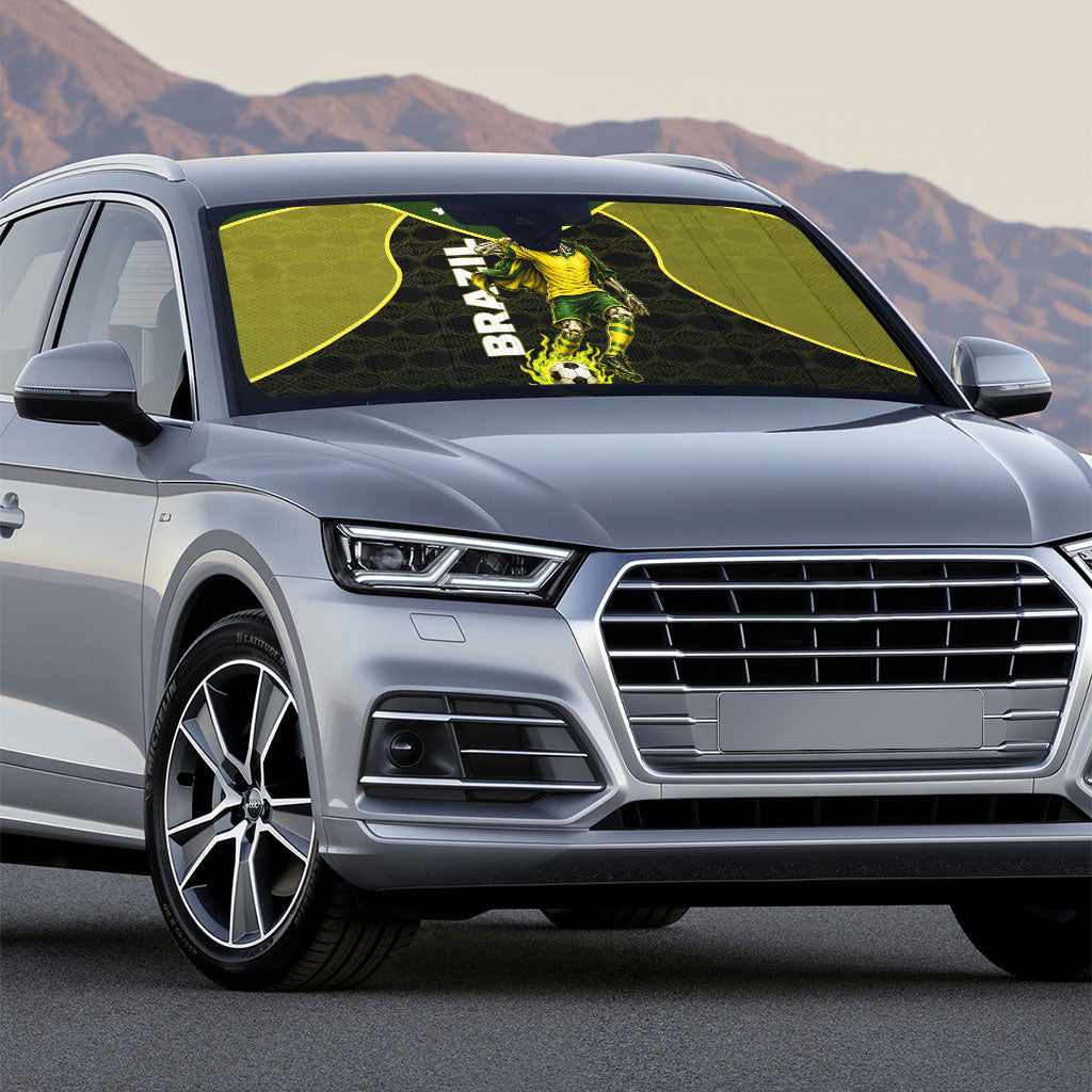 Personalized Brazil Football Auto Sun Shade Gothic Skull Skeleton Mascot Flaming Soccer Ball