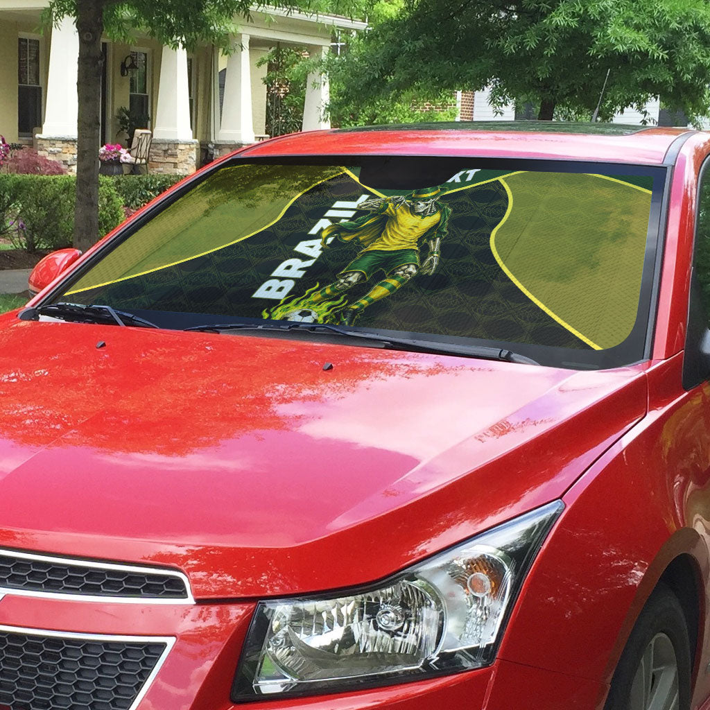 Personalized Brazil Football Auto Sun Shade Gothic Skull Skeleton Mascot Flaming Soccer Ball