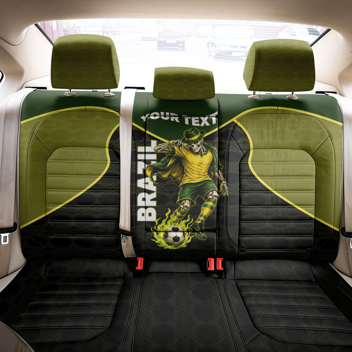 Personalized Brazil Football Back Car Seat Cover Gothic Skull Skeleton Mascot Flaming Soccer Ball