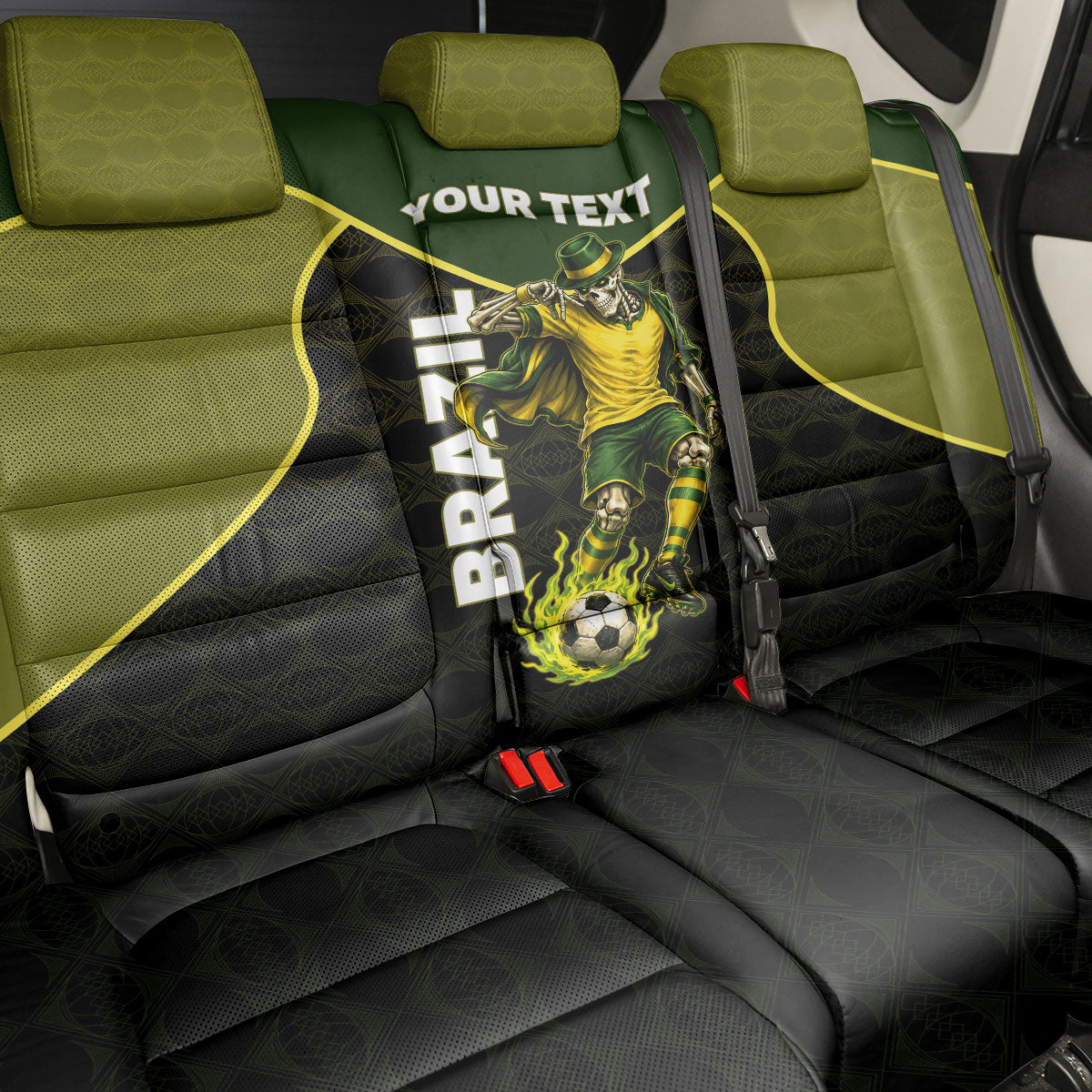 Personalized Brazil Football Back Car Seat Cover Gothic Skull Skeleton Mascot Flaming Soccer Ball