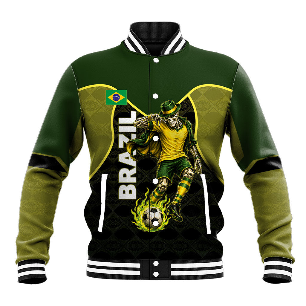 Personalized Brazil Football Baseball Jacket Gothic Skull Skeleton Mascot Flaming Soccer Ball