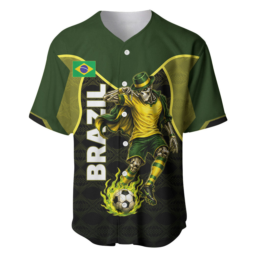 Personalized Brazil Football Baseball Jersey Gothic Skull Skeleton Mascot Flaming Soccer Ball