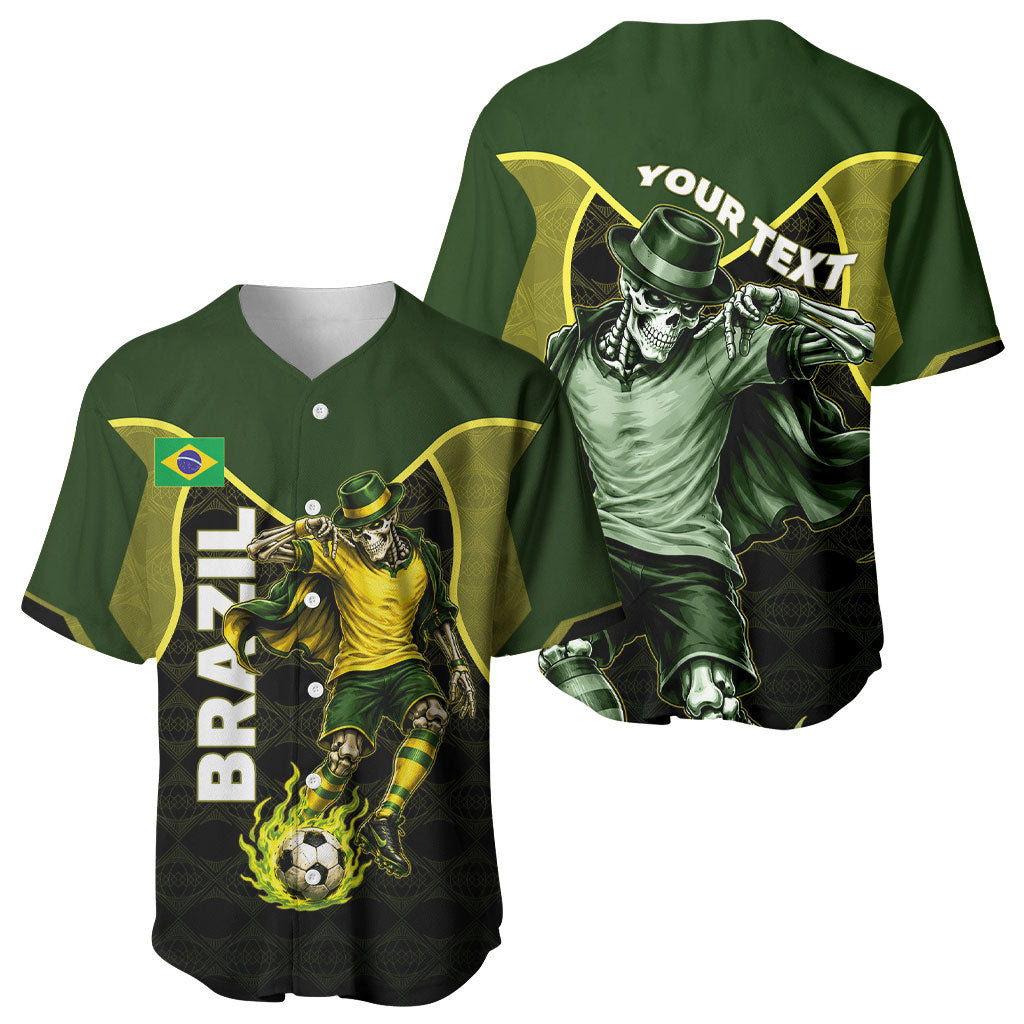 Personalized Brazil Football Baseball Jersey Gothic Skull Skeleton Mascot Flaming Soccer Ball
