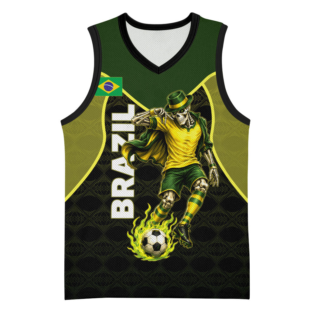 Personalized Brazil Football Basketball Jersey Gothic Skull Skeleton Mascot Flaming Soccer Ball