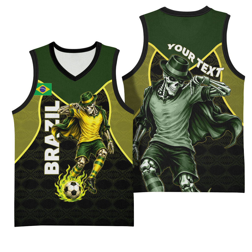Personalized Brazil Football Basketball Jersey Gothic Skull Skeleton Mascot Flaming Soccer Ball