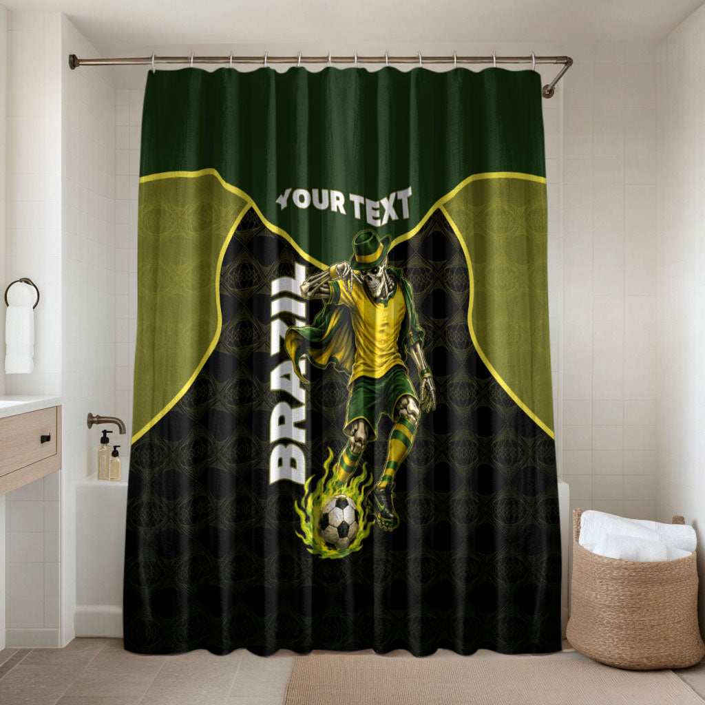 Personalized Brazil Football Bathroom Set Gothic Skull Skeleton Mascot Flaming Soccer Ball