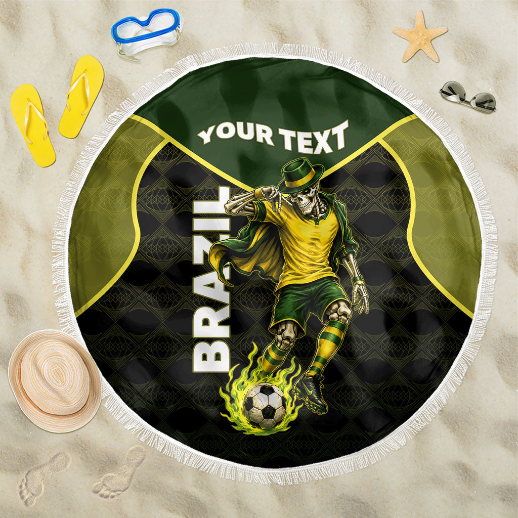 Personalized Brazil Football Beach Blanket Gothic Skull Skeleton Mascot Flaming Soccer Ball