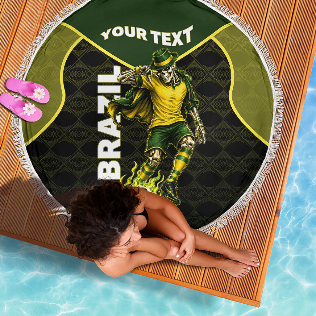 Personalized Brazil Football Beach Blanket Gothic Skull Skeleton Mascot Flaming Soccer Ball