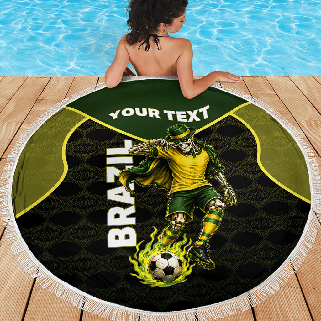 Personalized Brazil Football Beach Blanket Gothic Skull Skeleton Mascot Flaming Soccer Ball