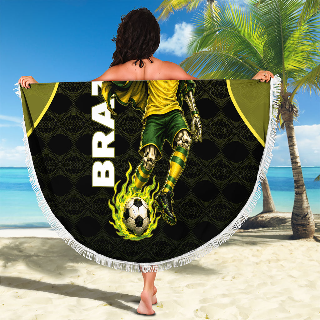 Personalized Brazil Football Beach Blanket Gothic Skull Skeleton Mascot Flaming Soccer Ball