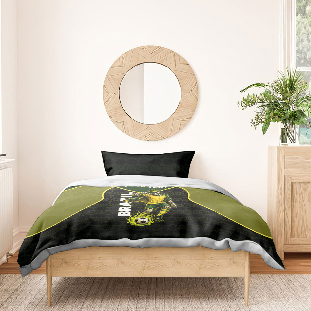 Personalized Brazil Football Bedding Set Gothic Skull Skeleton Mascot Flaming Soccer Ball