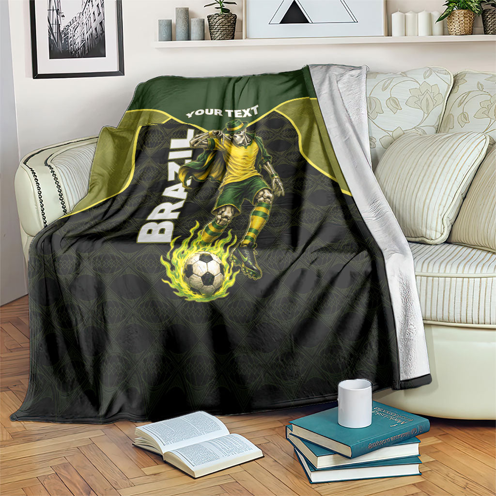 Personalized Brazil Football Blanket Gothic Skull Skeleton Mascot Flaming Soccer Ball