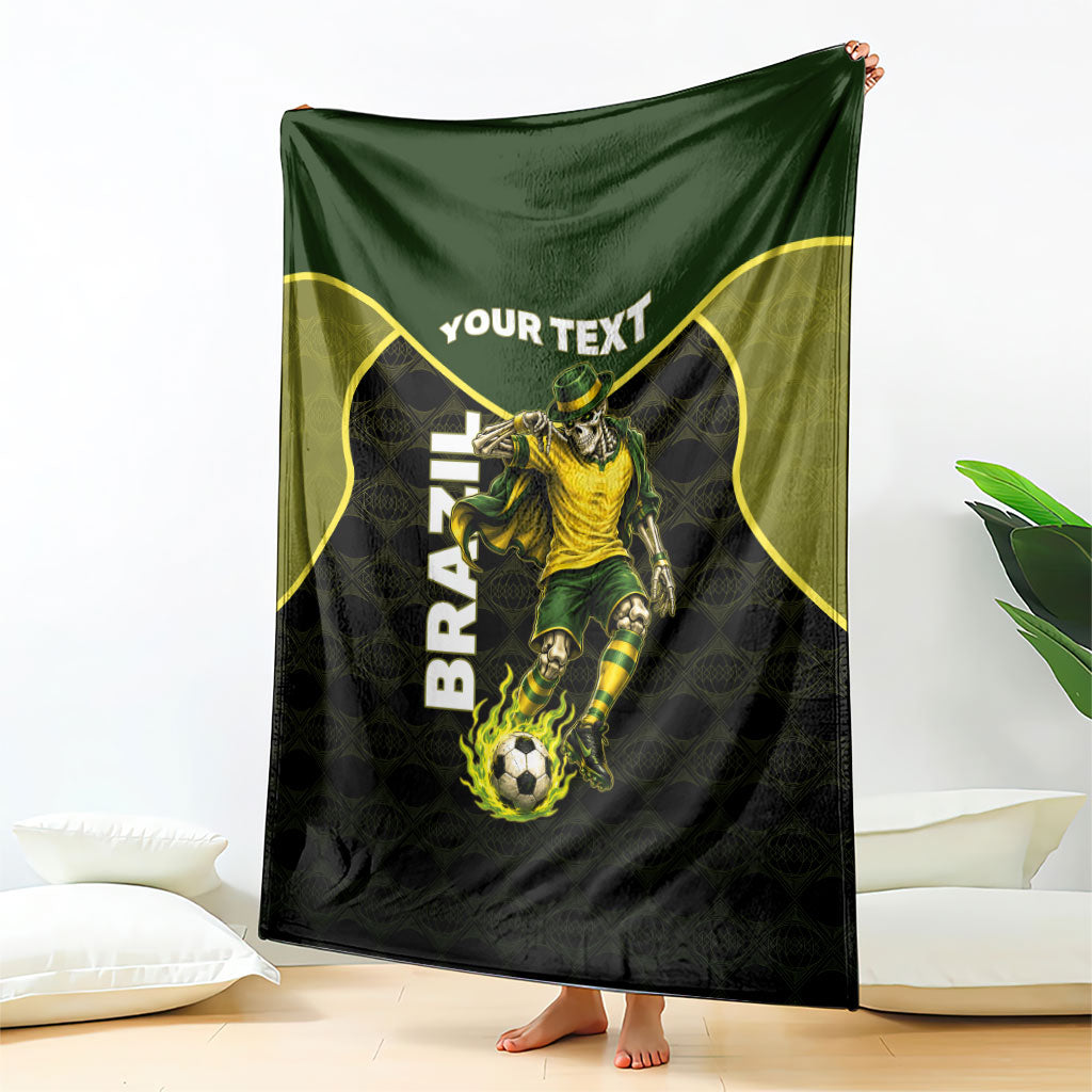 Personalized Brazil Football Blanket Gothic Skull Skeleton Mascot Flaming Soccer Ball