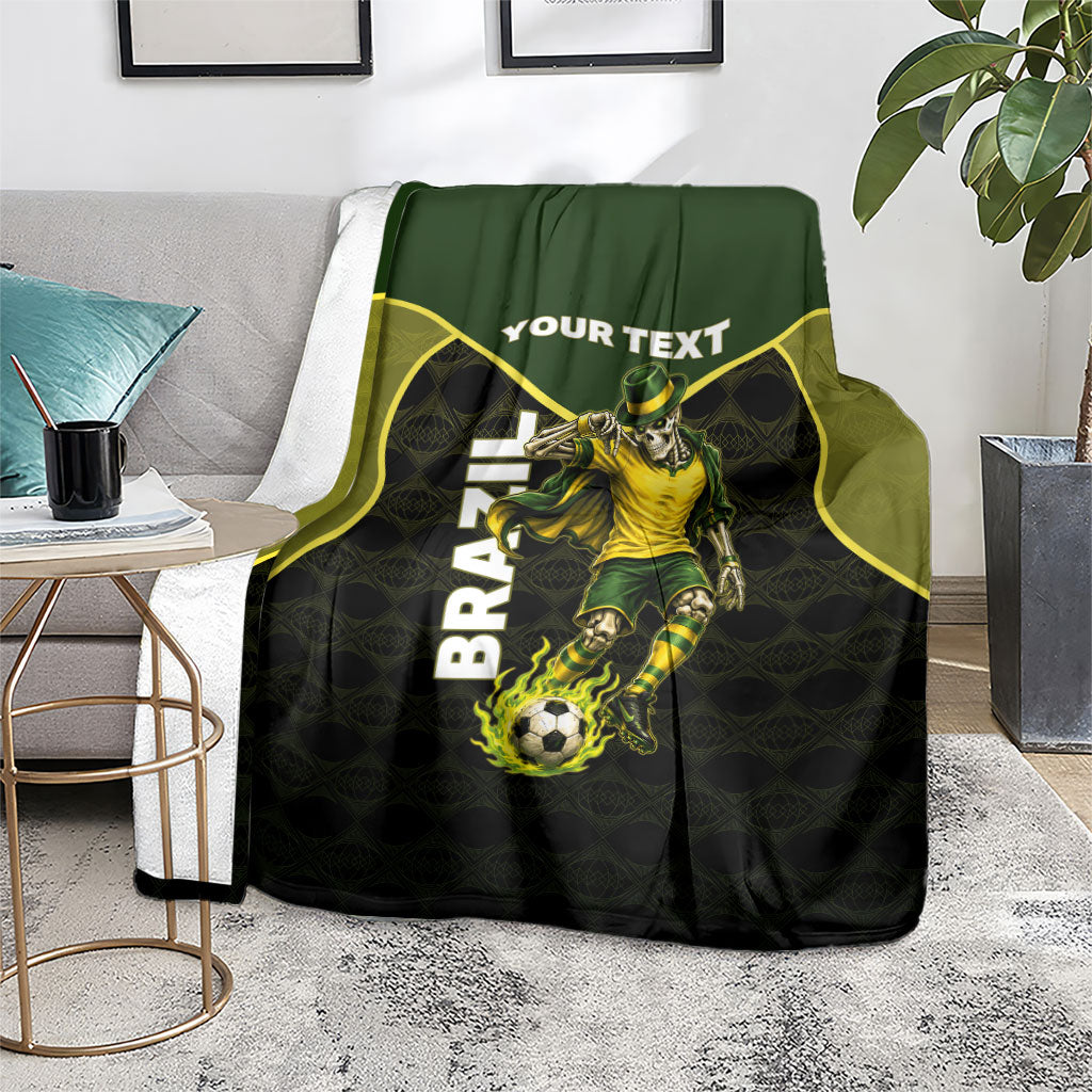 Personalized Brazil Football Blanket Gothic Skull Skeleton Mascot Flaming Soccer Ball