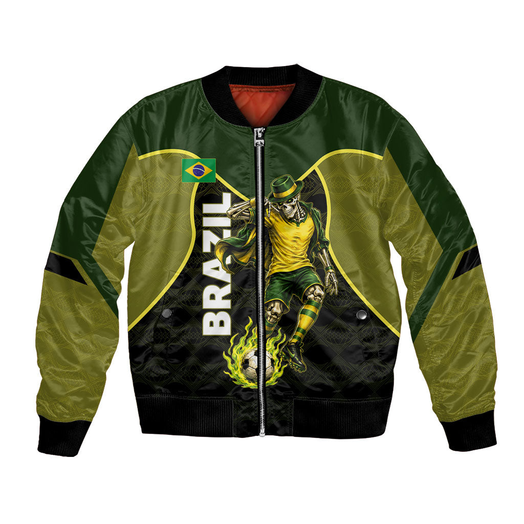 Personalized Brazil Football Bomber Jacket Gothic Skull Skeleton Mascot Flaming Soccer Ball