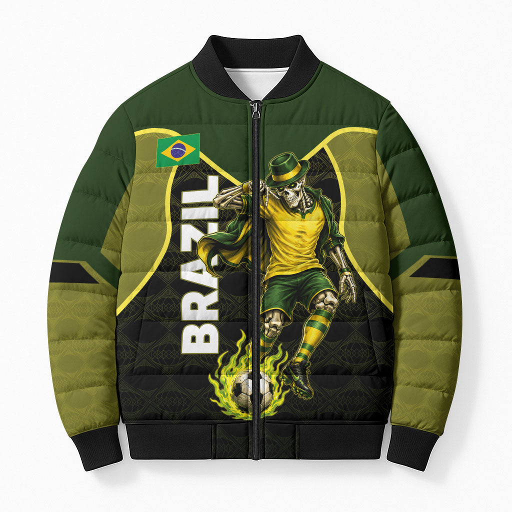 Personalized Brazil Football Bomber Puffer Jacket Gothic Skull Skeleton Mascot Flaming Soccer Ball