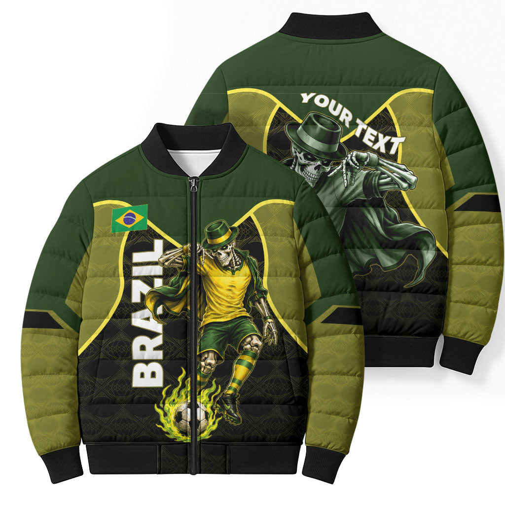 Personalized Brazil Football Bomber Puffer Jacket Gothic Skull Skeleton Mascot Flaming Soccer Ball