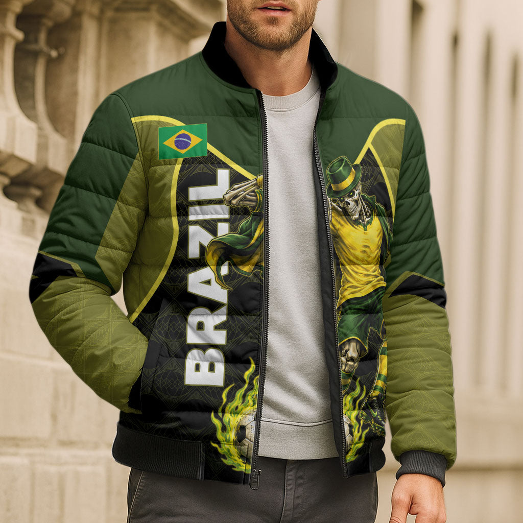 Personalized Brazil Football Bomber Puffer Jacket Gothic Skull Skeleton Mascot Flaming Soccer Ball