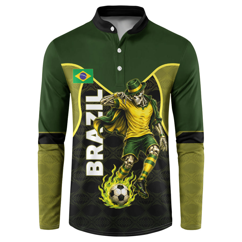 Personalized Brazil Football Button Sweatshirt Gothic Skull Skeleton Mascot Flaming Soccer Ball