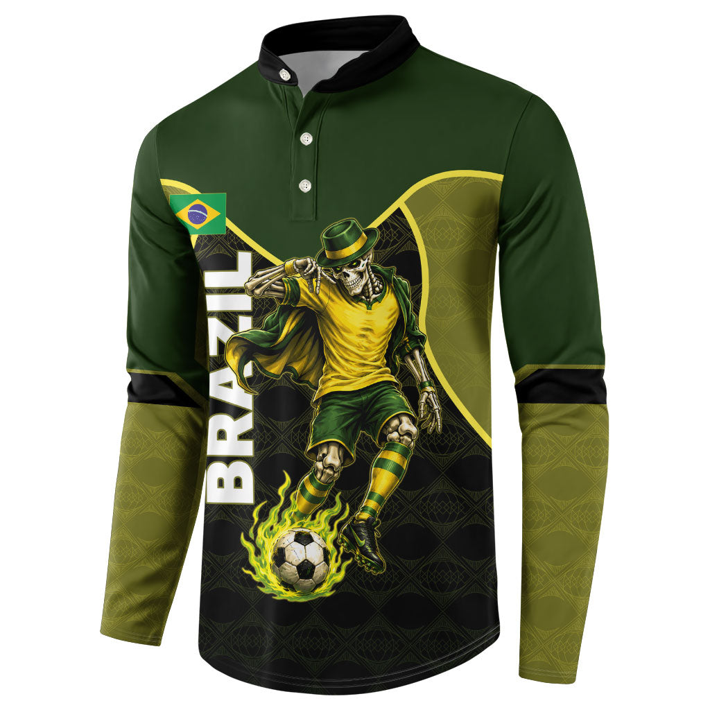 Personalized Brazil Football Button Sweatshirt Gothic Skull Skeleton Mascot Flaming Soccer Ball