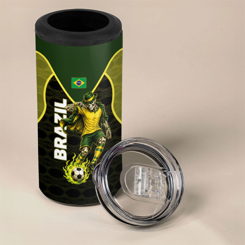 Personalized Brazil Football 4 in 1 Can Cooler Tumbler Gothic Skull Skeleton Mascot Flaming Soccer Ball