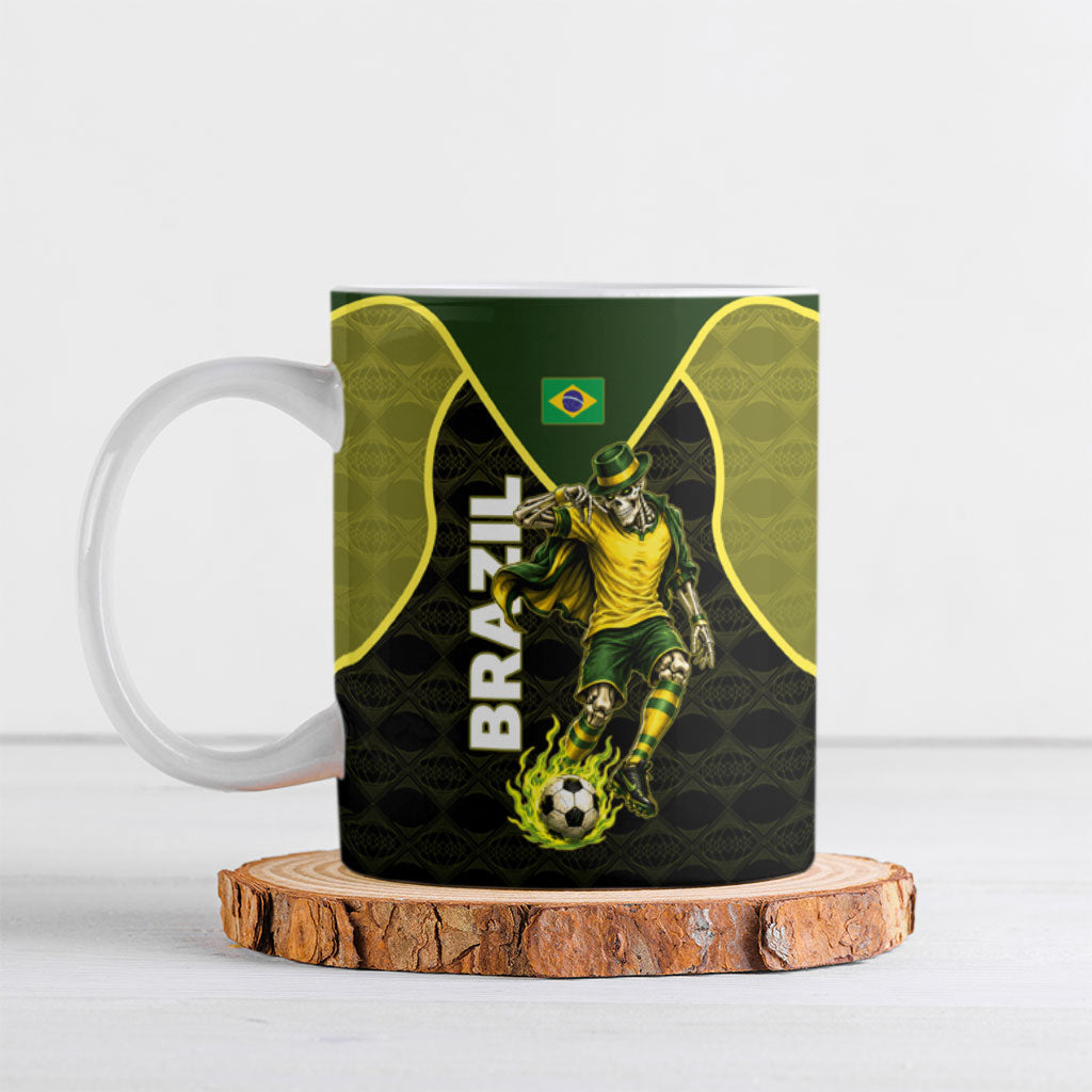 Personalized Brazil Football Ceramic Mug Gothic Skull Skeleton Mascot Flaming Soccer Ball