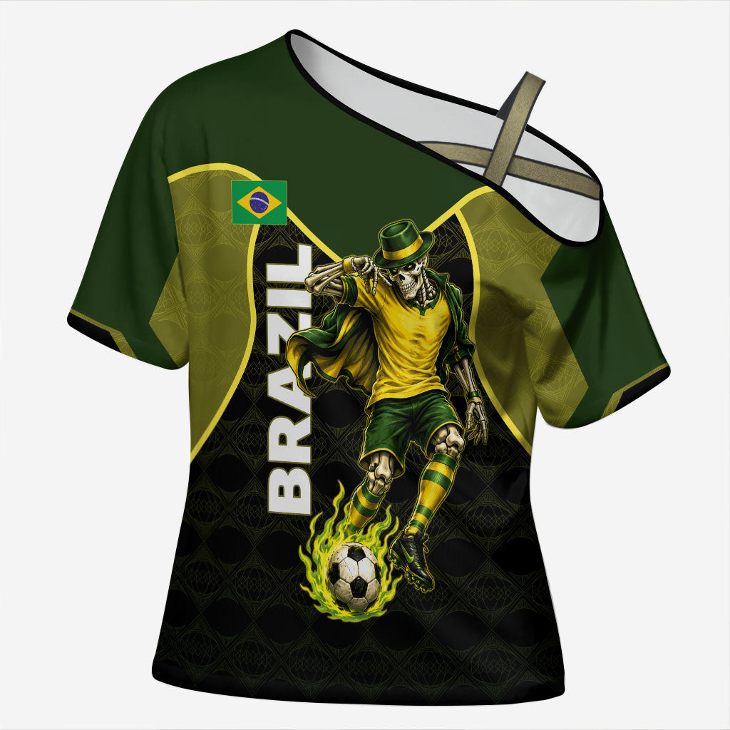 Personalized Brazil Football Cross Shoulder Shirt Gothic Skull Skeleton Mascot Flaming Soccer Ball