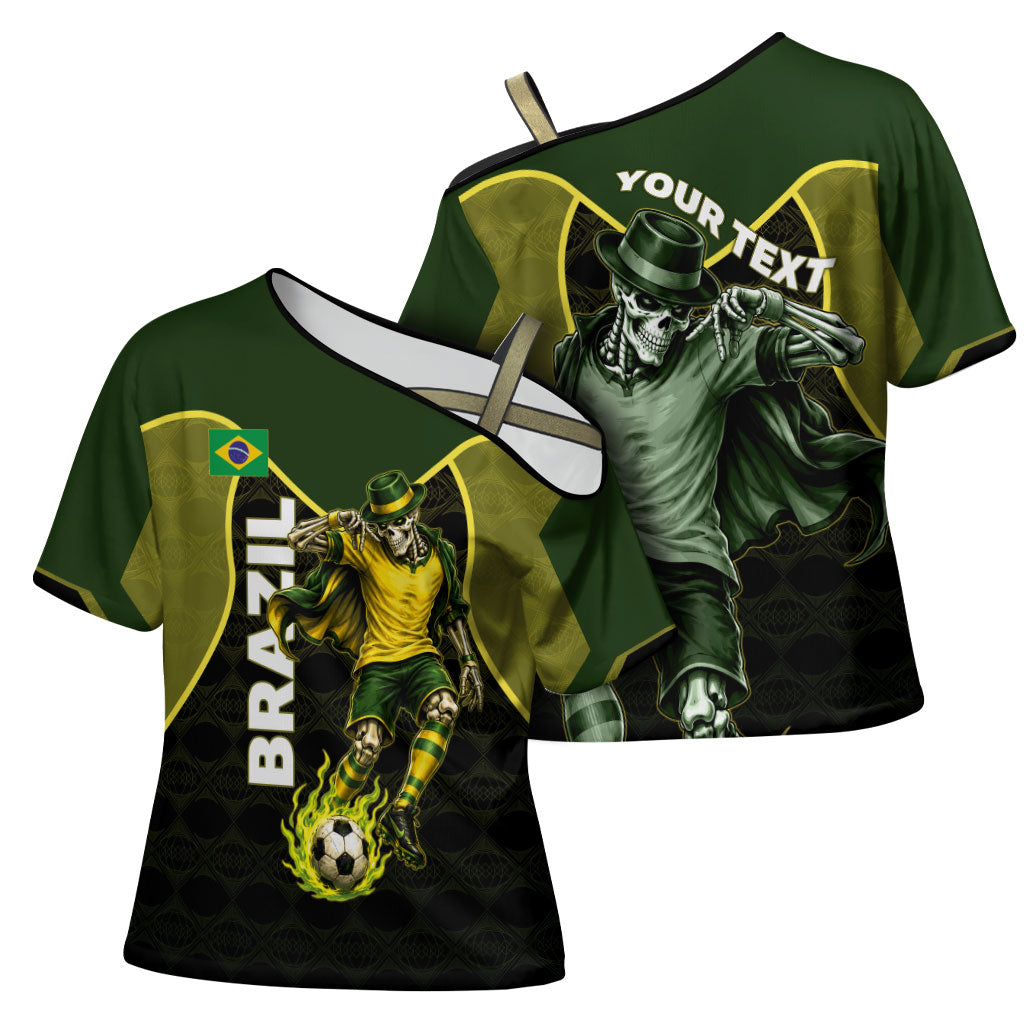 Personalized Brazil Football Cross Shoulder Shirt Gothic Skull Skeleton Mascot Flaming Soccer Ball