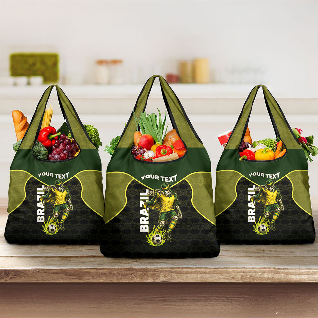 Personalized Brazil Football Grocery Bag Gothic Skull Skeleton Mascot Flaming Soccer Ball