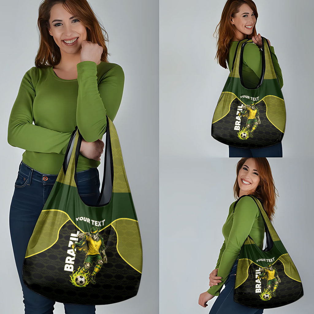 Personalized Brazil Football Grocery Bag Gothic Skull Skeleton Mascot Flaming Soccer Ball