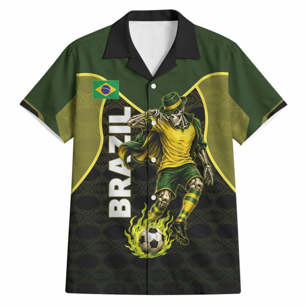 Personalized Brazil Football Hawaiian Shirt Gothic Skull Skeleton Mascot Flaming Soccer Ball