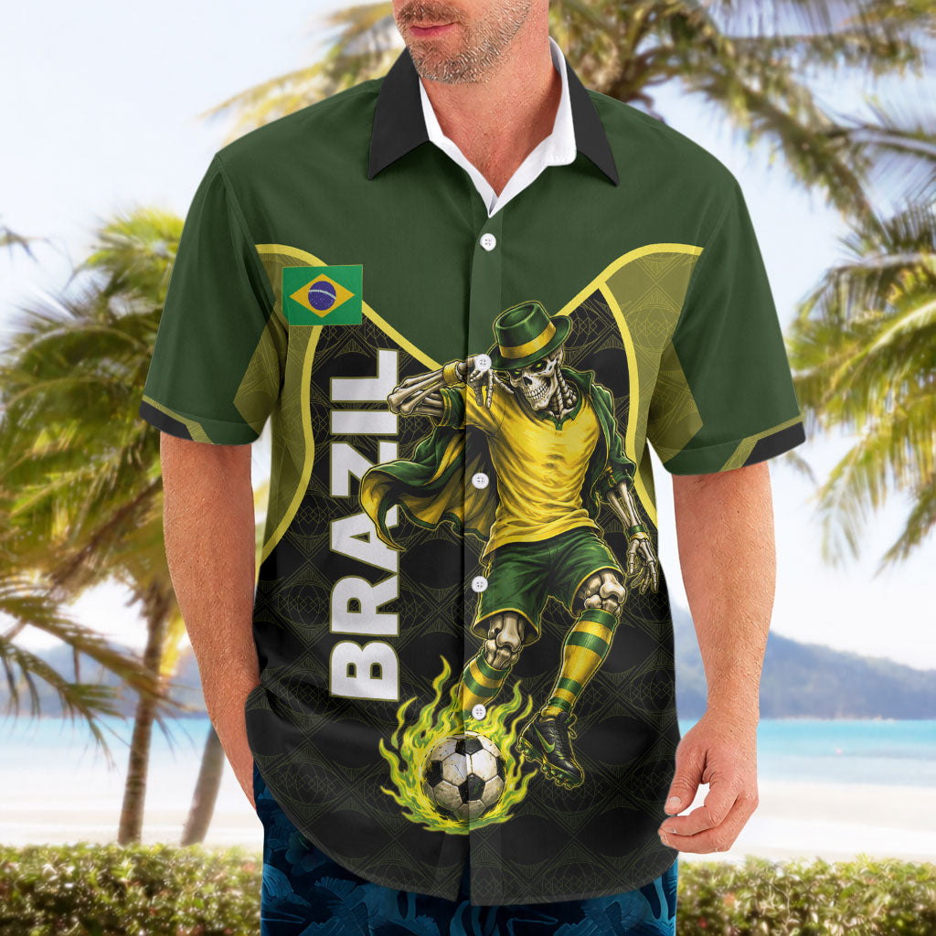 Personalized Brazil Football Hawaiian Shirt Gothic Skull Skeleton Mascot Flaming Soccer Ball