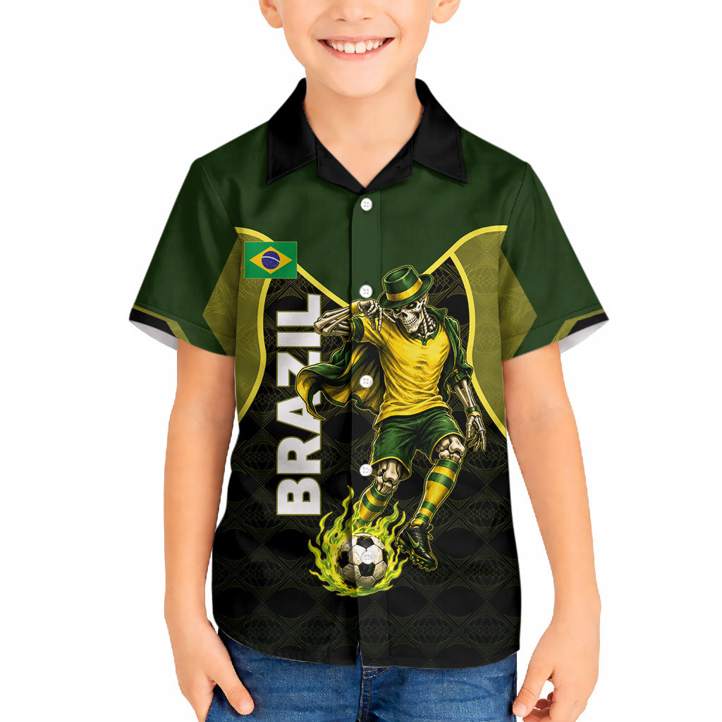 Personalized Brazil Football Hawaiian Shirt Gothic Skull Skeleton Mascot Flaming Soccer Ball