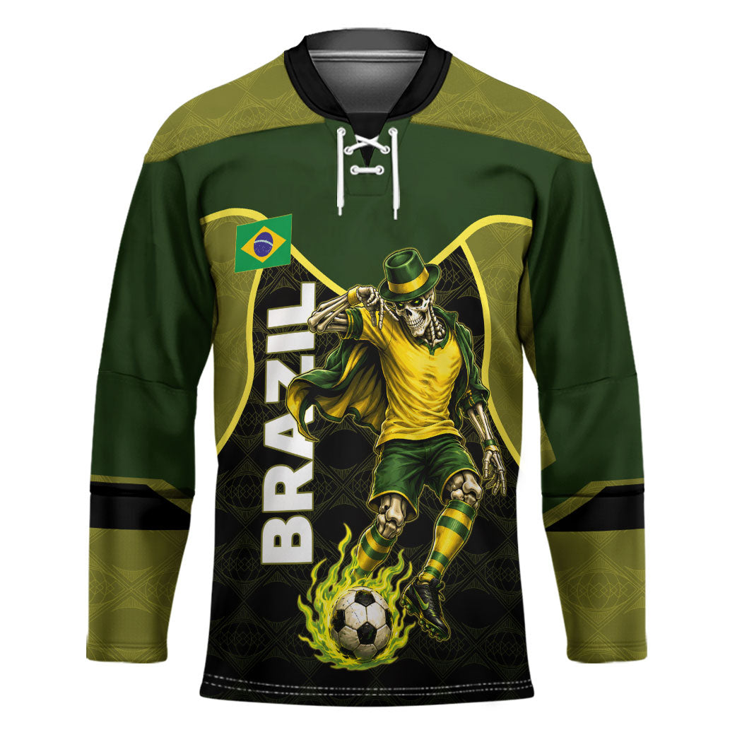 Personalized Brazil Football Hockey Jersey Gothic Skull Skeleton Mascot Flaming Soccer Ball