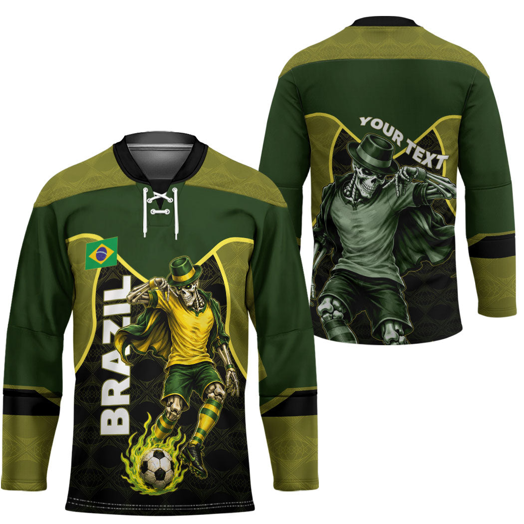 Personalized Brazil Football Hockey Jersey Gothic Skull Skeleton Mascot Flaming Soccer Ball