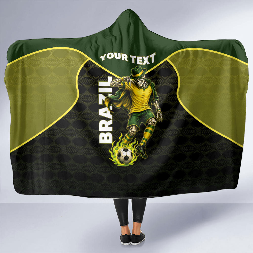 Personalized Brazil Football Hooded Blanket Gothic Skull Skeleton Mascot Flaming Soccer Ball