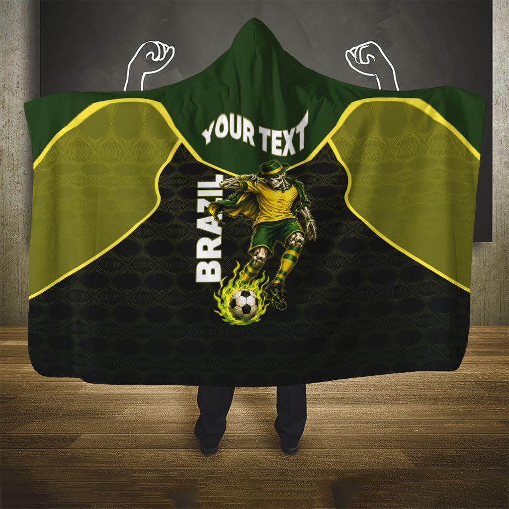 Personalized Brazil Football Hooded Blanket Gothic Skull Skeleton Mascot Flaming Soccer Ball