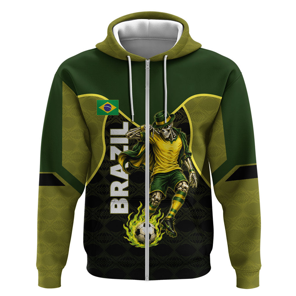 Personalized Brazil Football Hoodie Gothic Skull Skeleton Mascot Flaming Soccer Ball