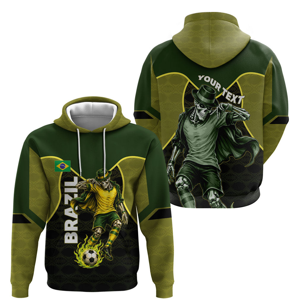 Personalized Brazil Football Hoodie Gothic Skull Skeleton Mascot Flaming Soccer Ball