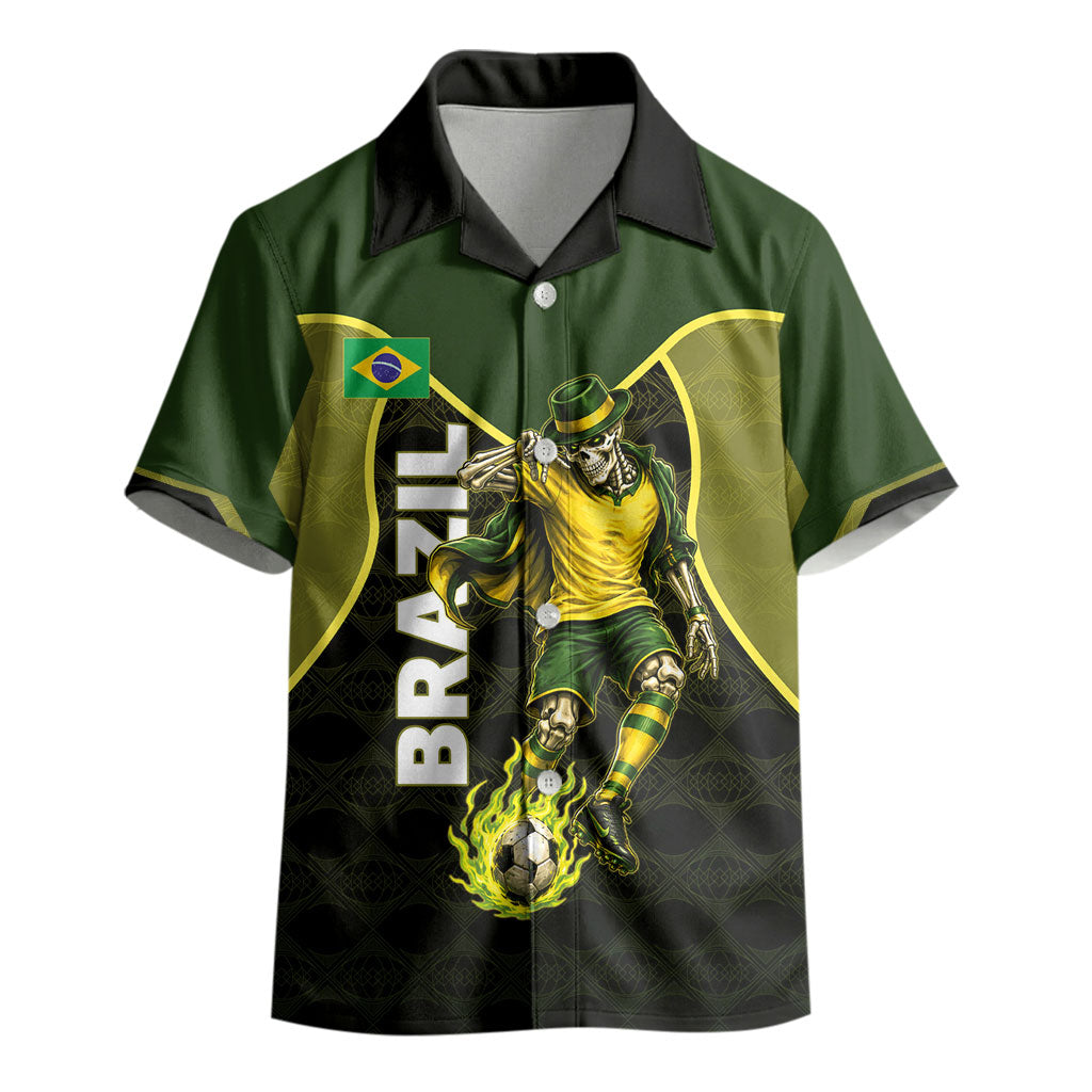 Personalized Brazil Football Kid Hawaiian Shirt Gothic Skull Skeleton Mascot Flaming Soccer Ball