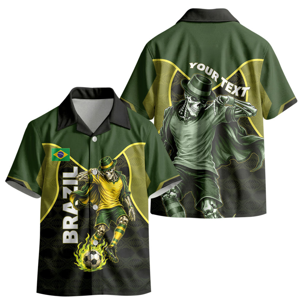 Personalized Brazil Football Kid Hawaiian Shirt Gothic Skull Skeleton Mascot Flaming Soccer Ball
