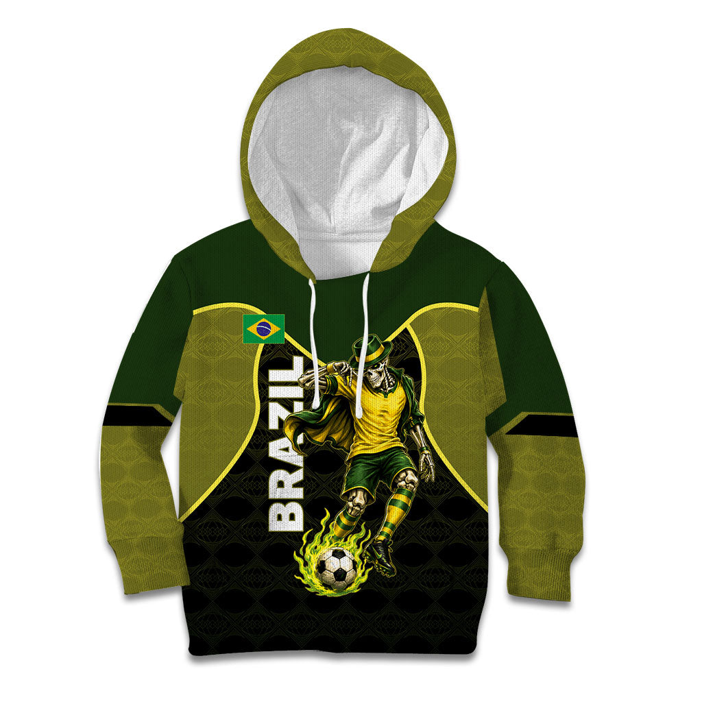 Personalized Brazil Football Kid Hoodie Gothic Skull Skeleton Mascot Flaming Soccer Ball