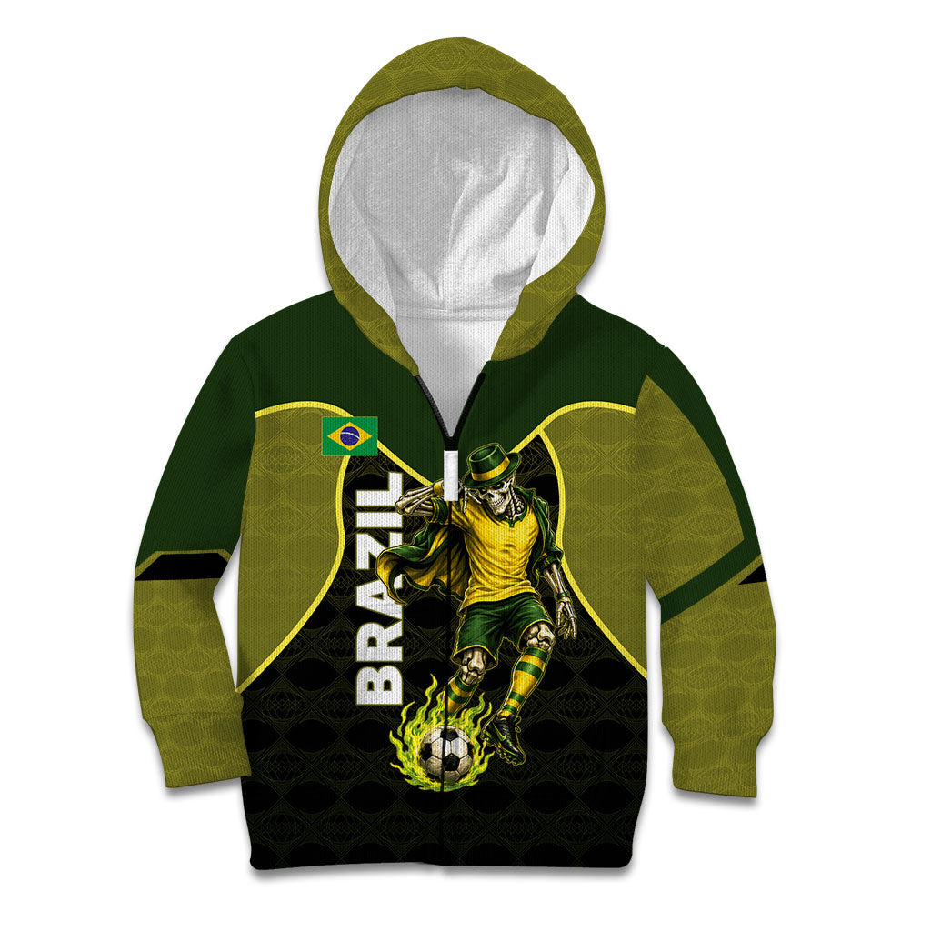 Personalized Brazil Football Kid Hoodie Gothic Skull Skeleton Mascot Flaming Soccer Ball