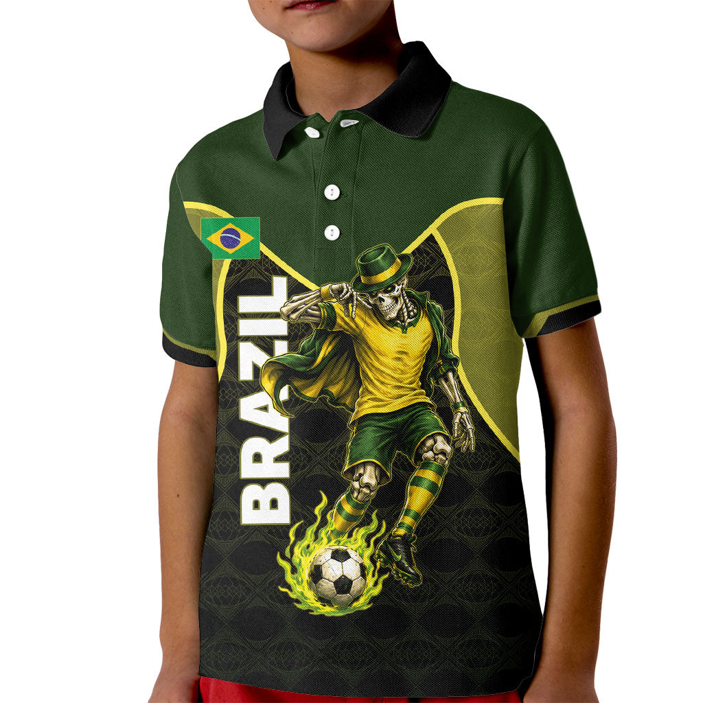 Personalized Brazil Football Kid Polo Shirt Gothic Skull Skeleton Mascot Flaming Soccer Ball